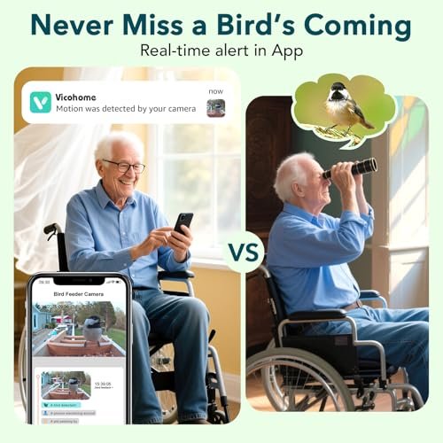 PeckCam - Elderly man in wheelchair using smartphone app to watch birds versus traditional binoculars birdwatching comparison